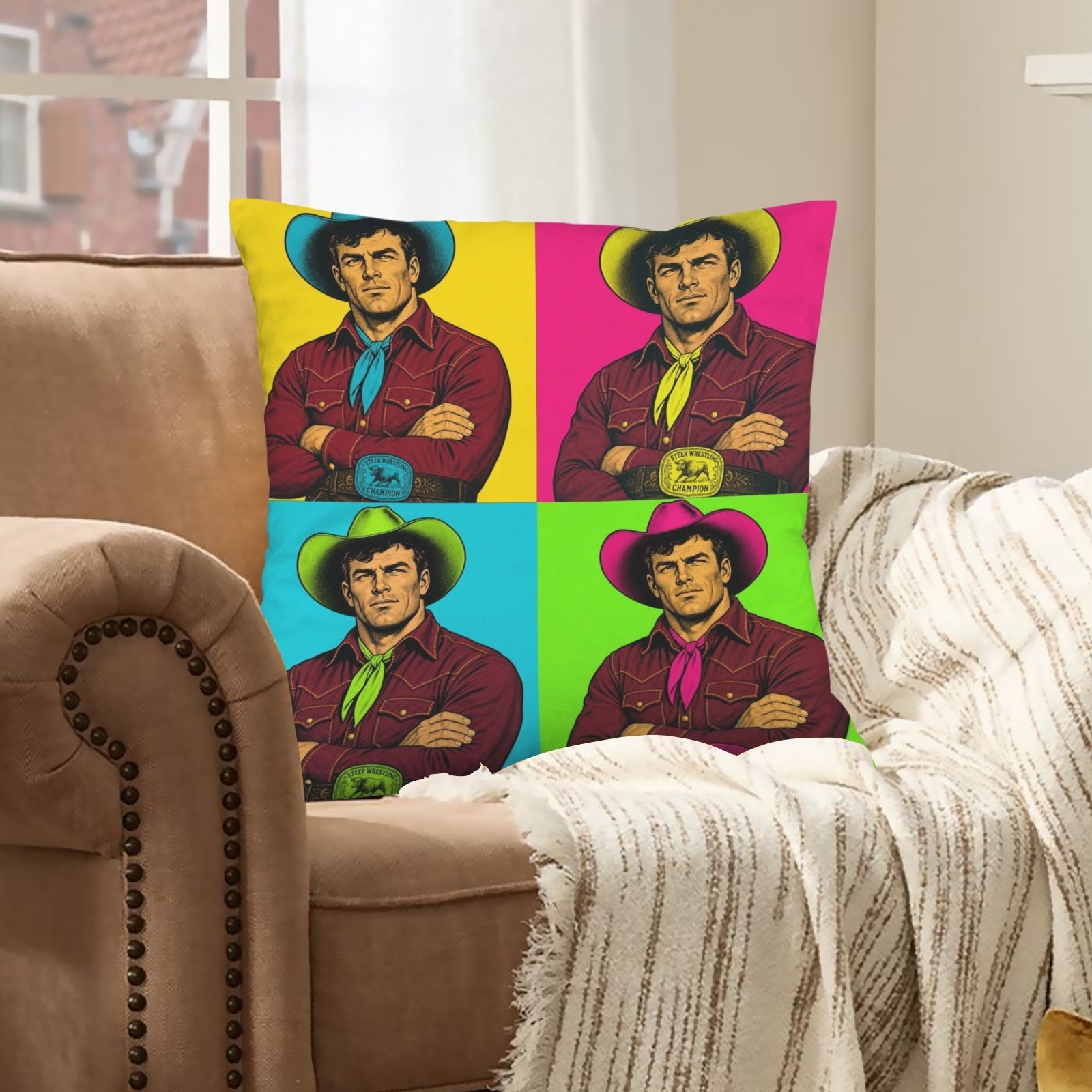 Baha Ranch The Last Roundup Steer Wrestler Collage Velvety Soft Throw Pillow Cover Made in America