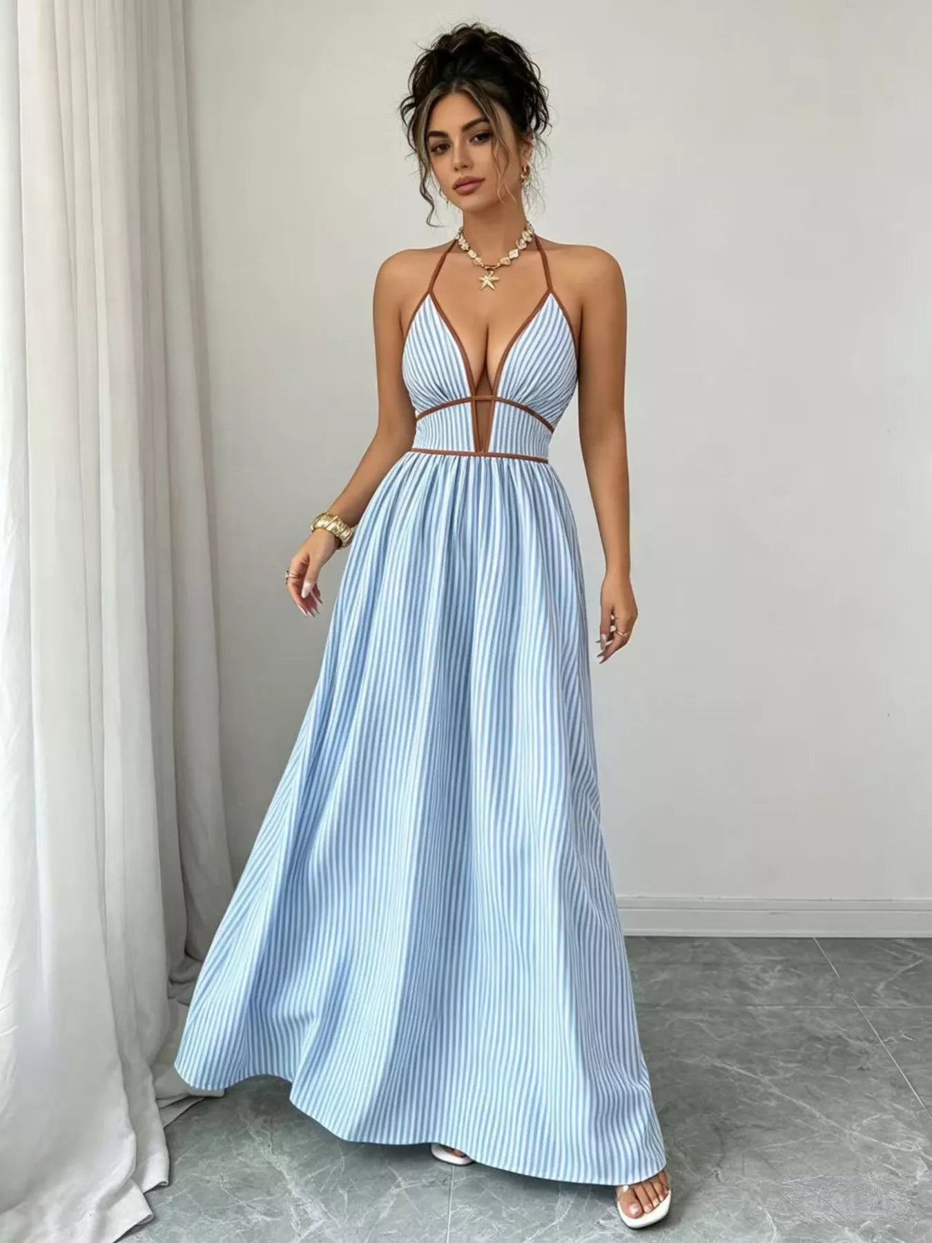 Striped Halter Neck Maxi Dress