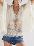 Lace V-Neck Ruffle Long Sleeve Cover-Up