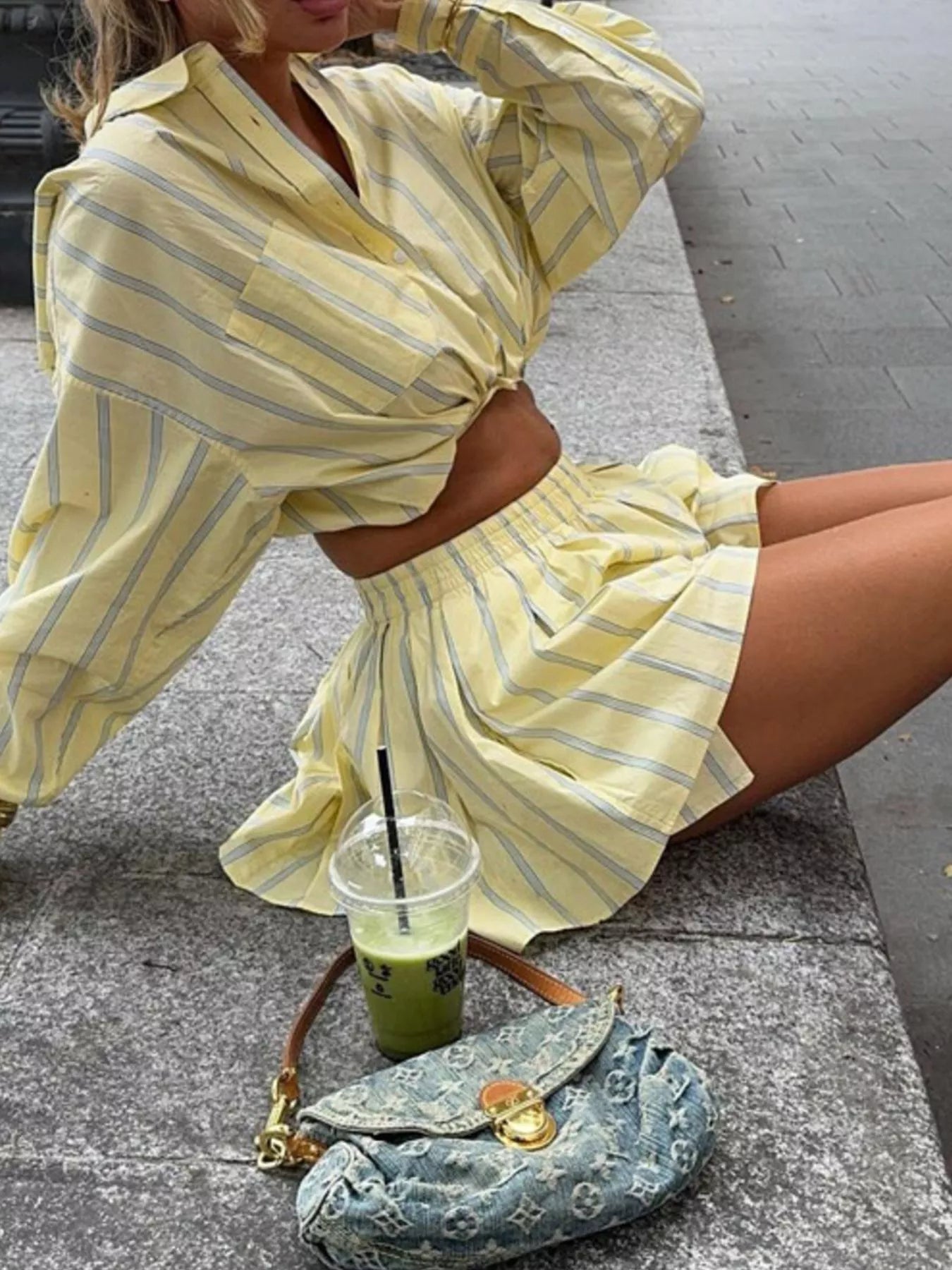 Striped Button Up Shirt and Shorts Set