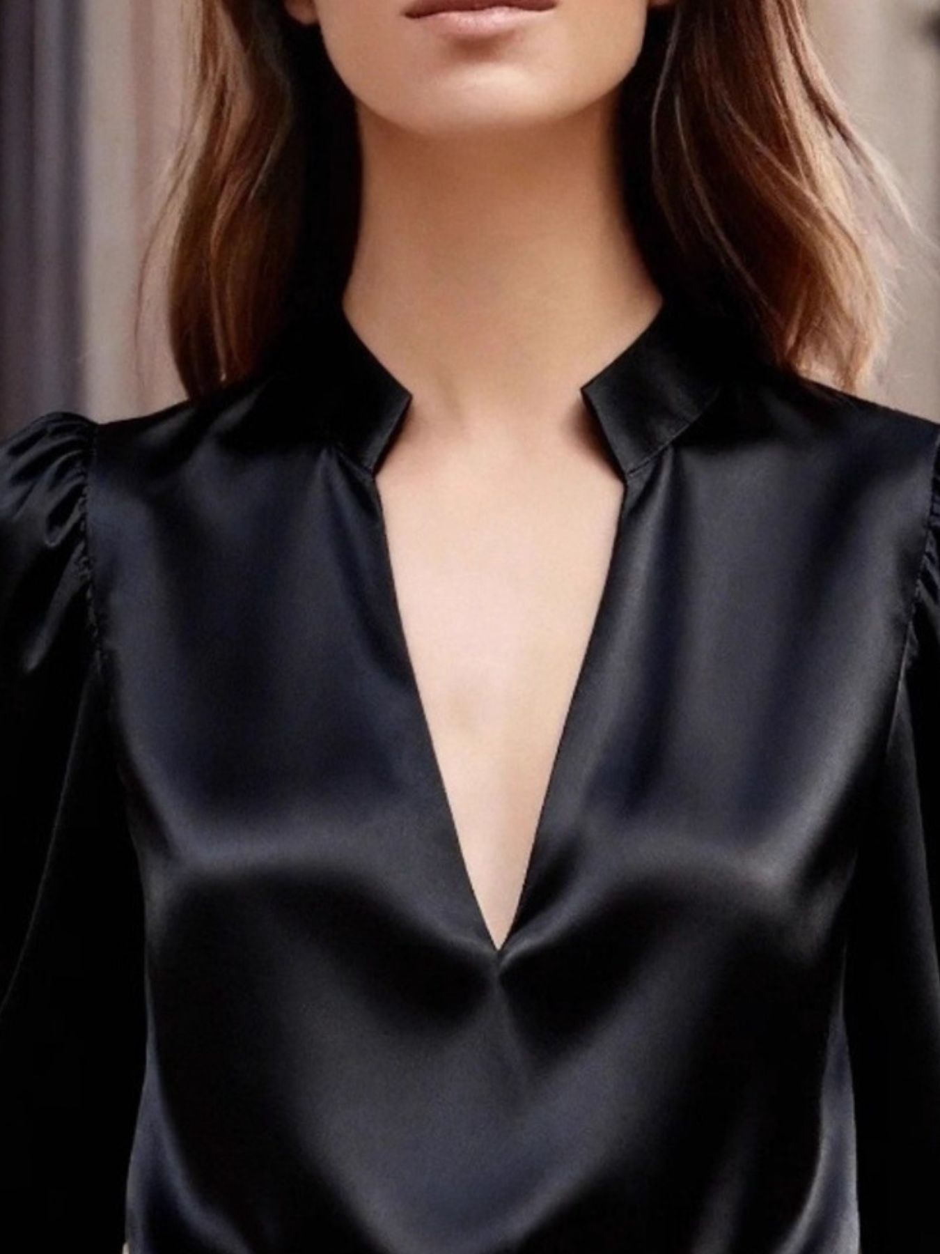 Notched Long Sleeve Blouse