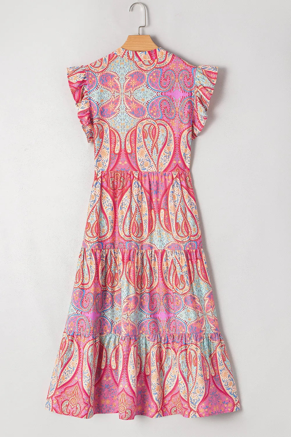 Tribal Paisley Print Ruffled Sleeve Notch Neck Midi Dress