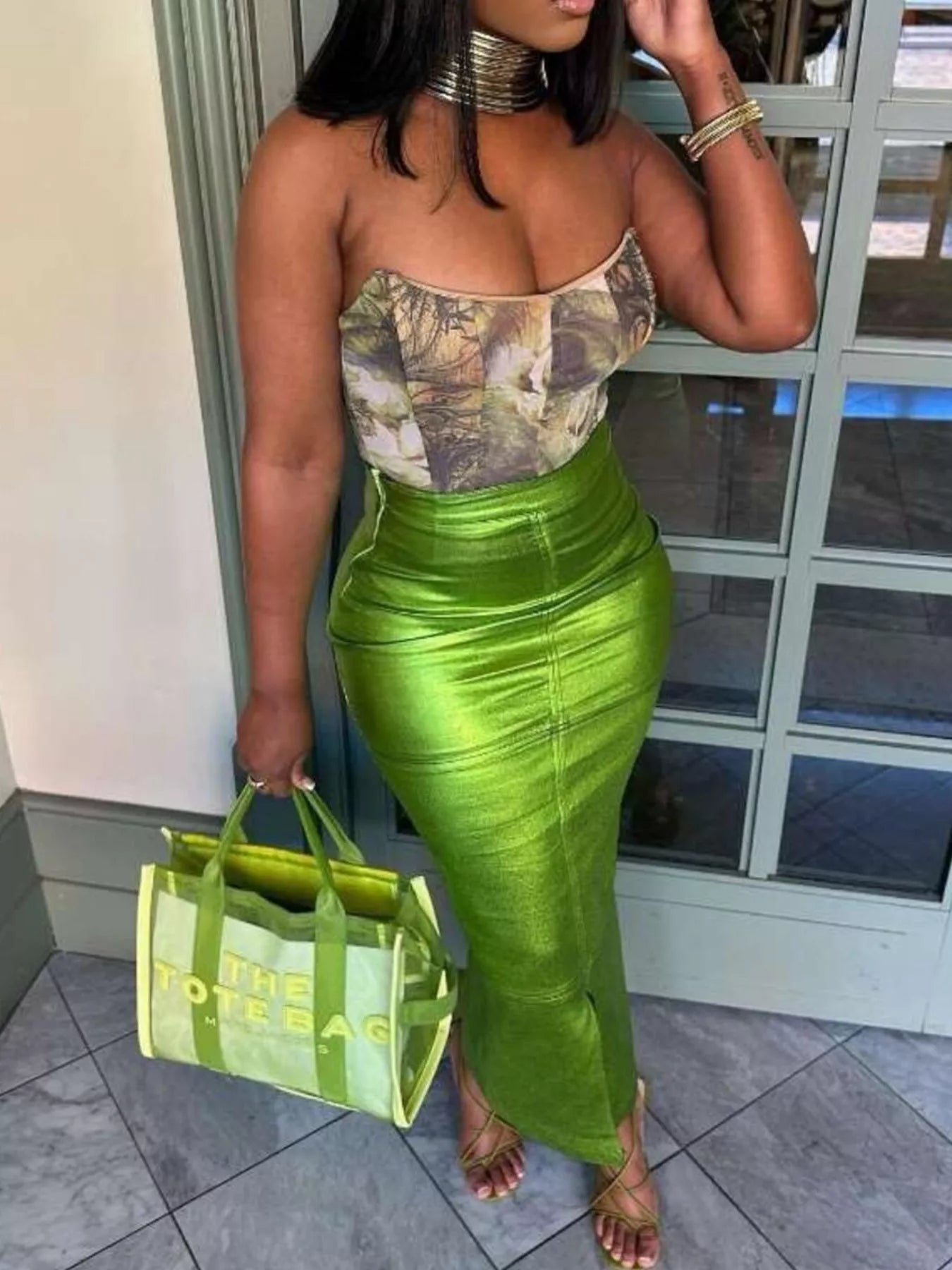 Shimmering Side Slit Bodycon Maxi Skirt