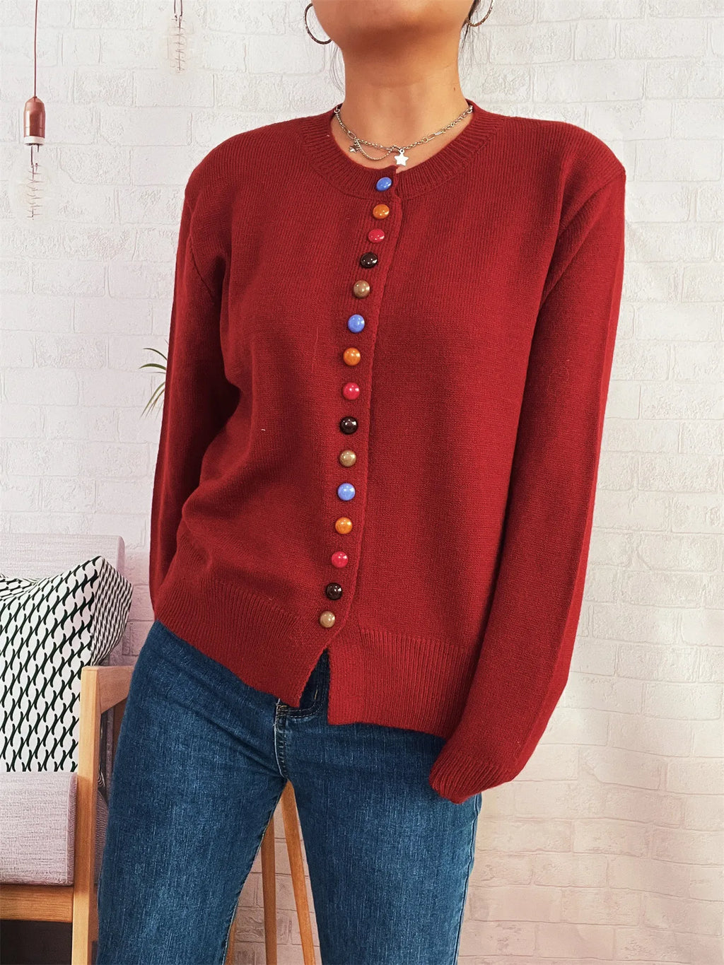 Button-Front Cardigan with Colorful Detail Buttons
