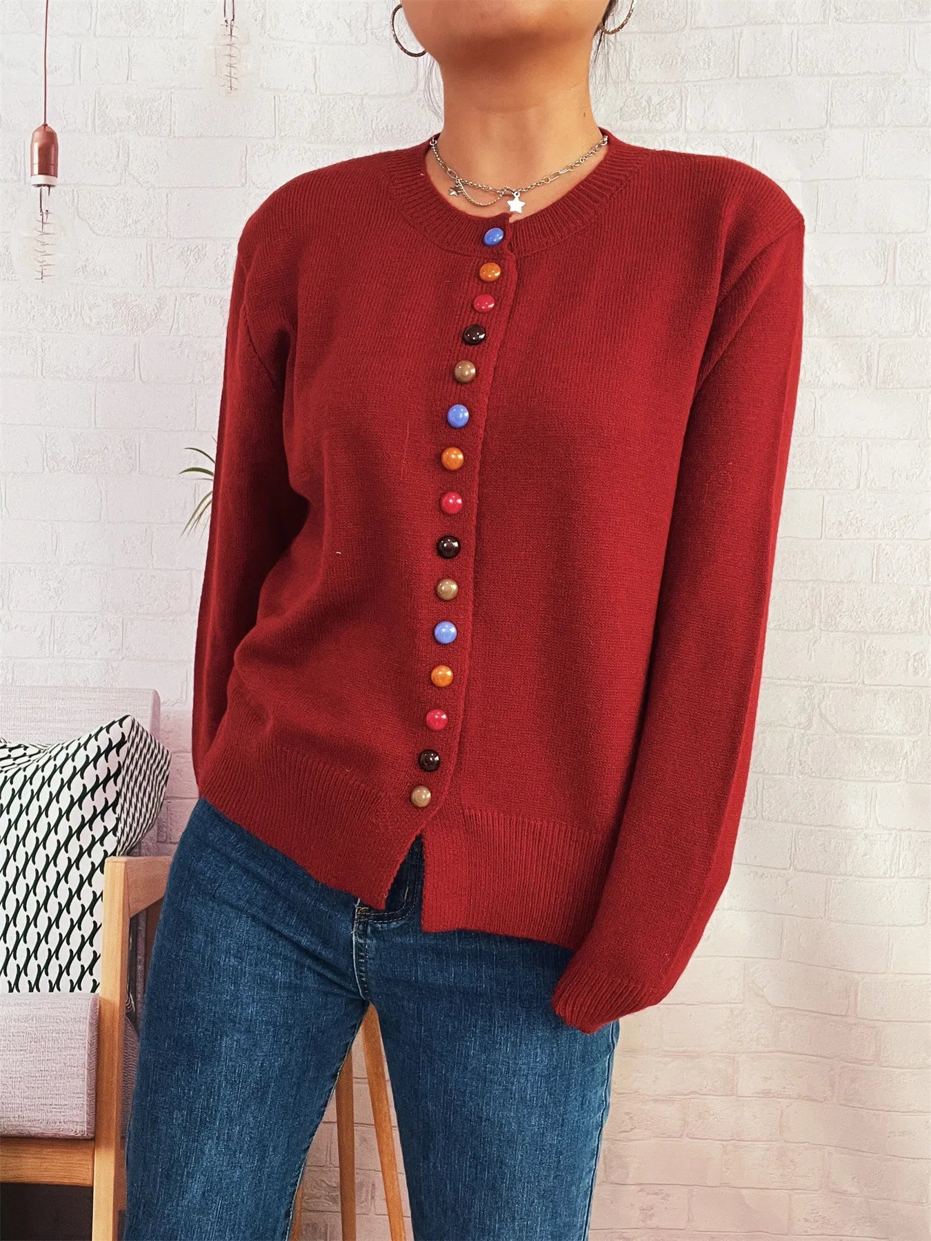 Button-Front Cardigan with Colorful Detail Buttons