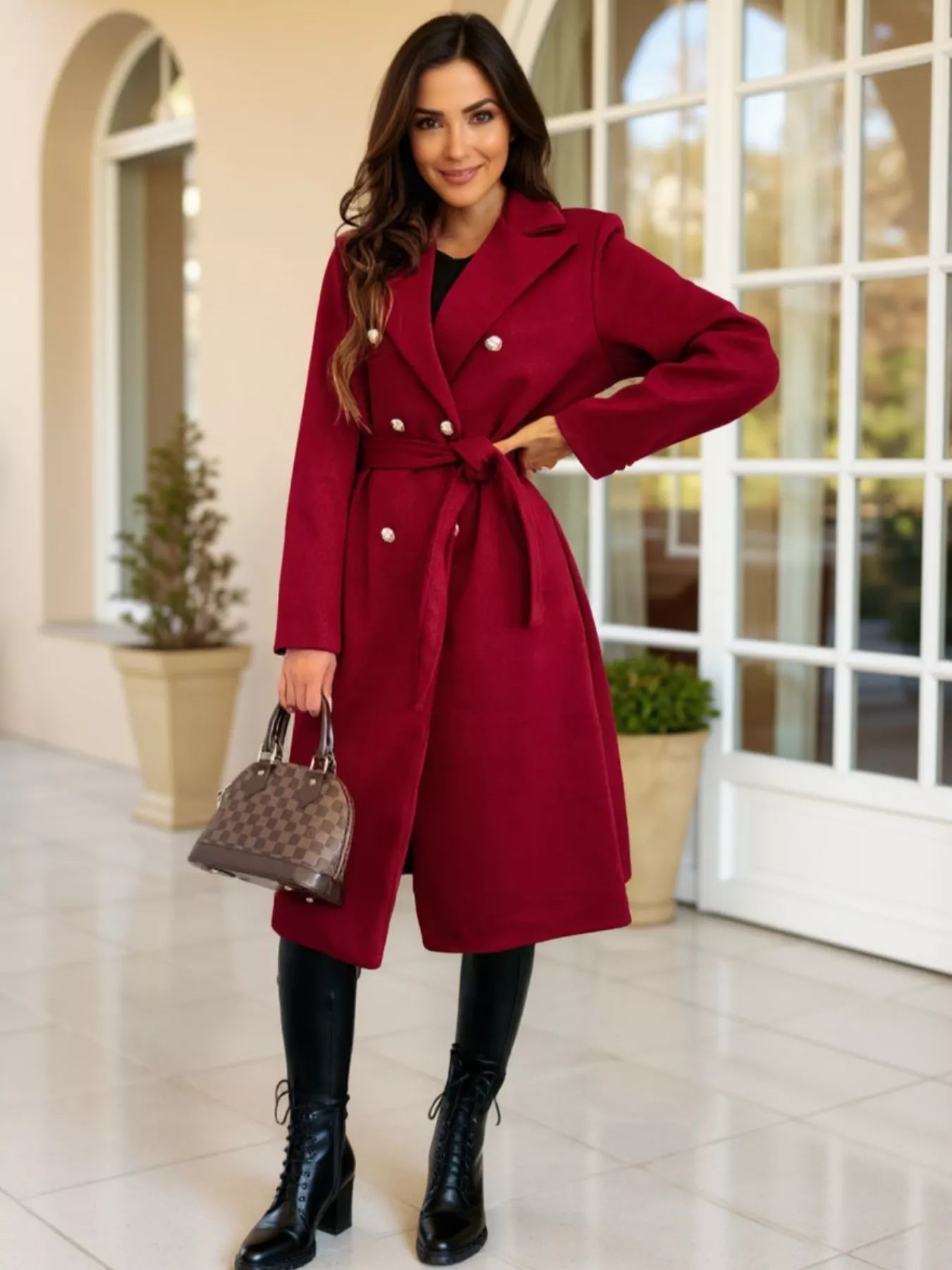 Double-Breasted Tie Waist Overcoat
