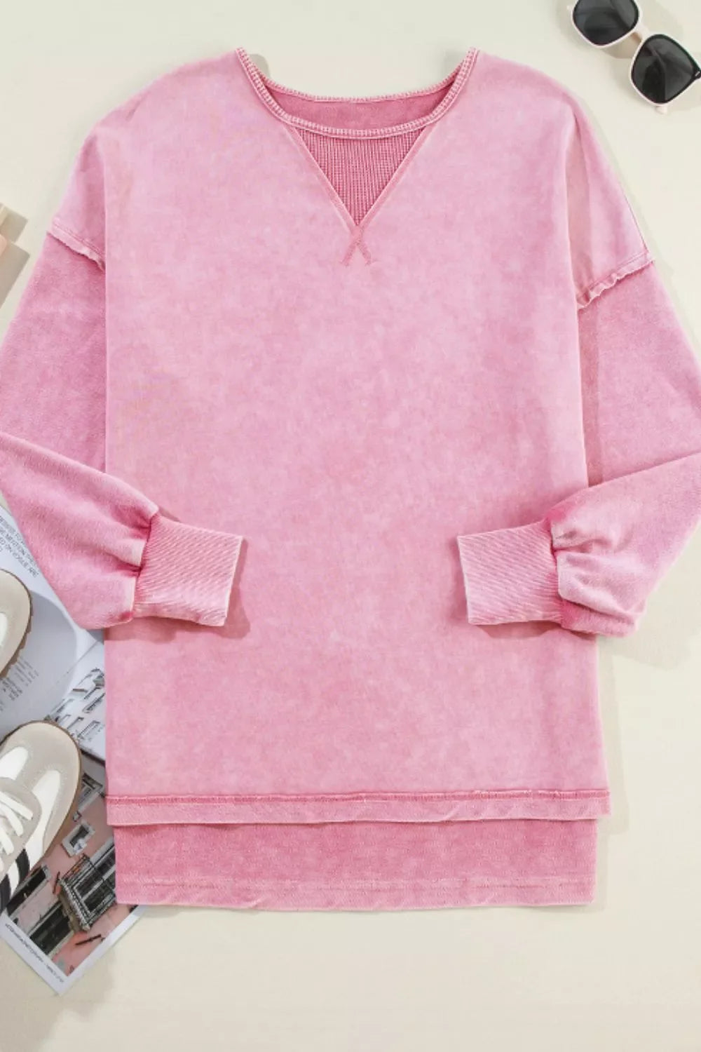 Exposed Seam Round Neck Long Sleeve Sweatshirt