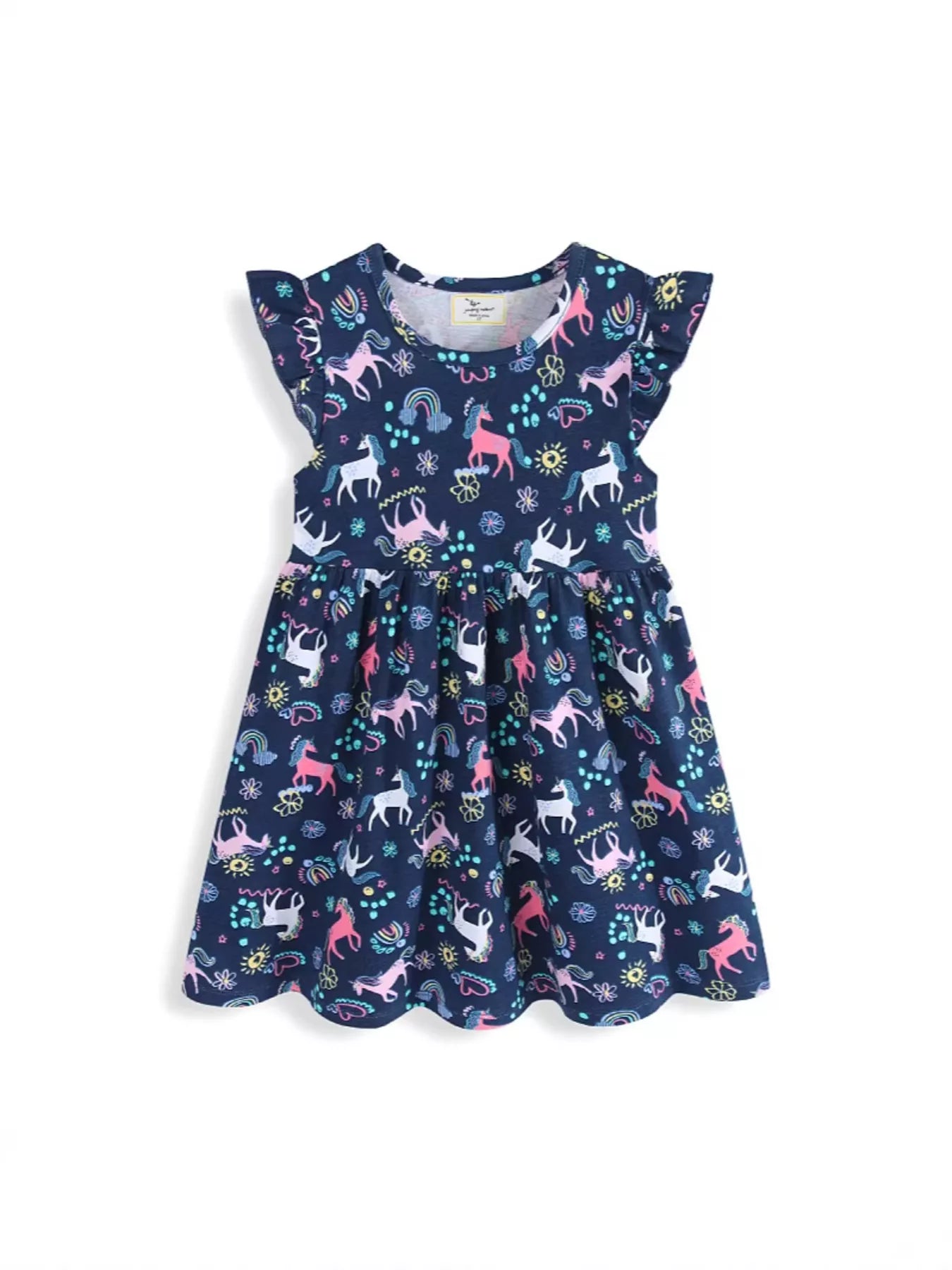 Children's Unicorn Print Ruffle Sleeve Dress