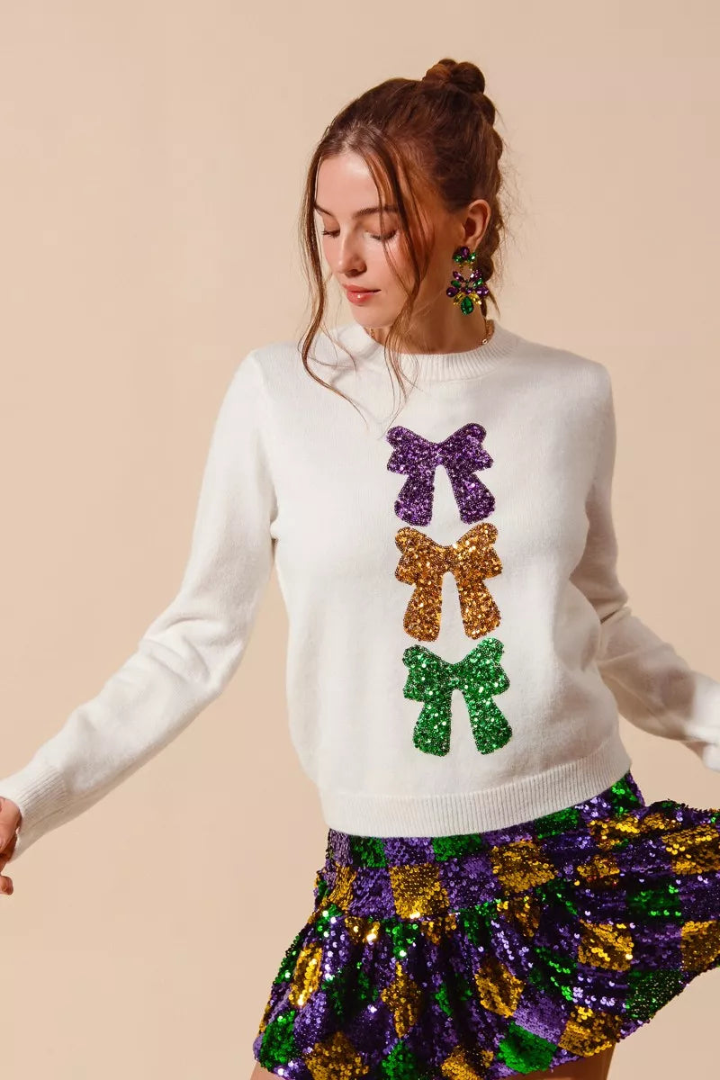 SO ME Mardi Gras Sequins Bow Ribbon Embellished Sweater
