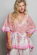 POL Block Print Floral Tie Front Boho Blouse