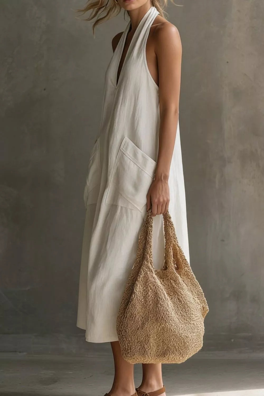 Casual Halter Neck Pocket Midi Dress