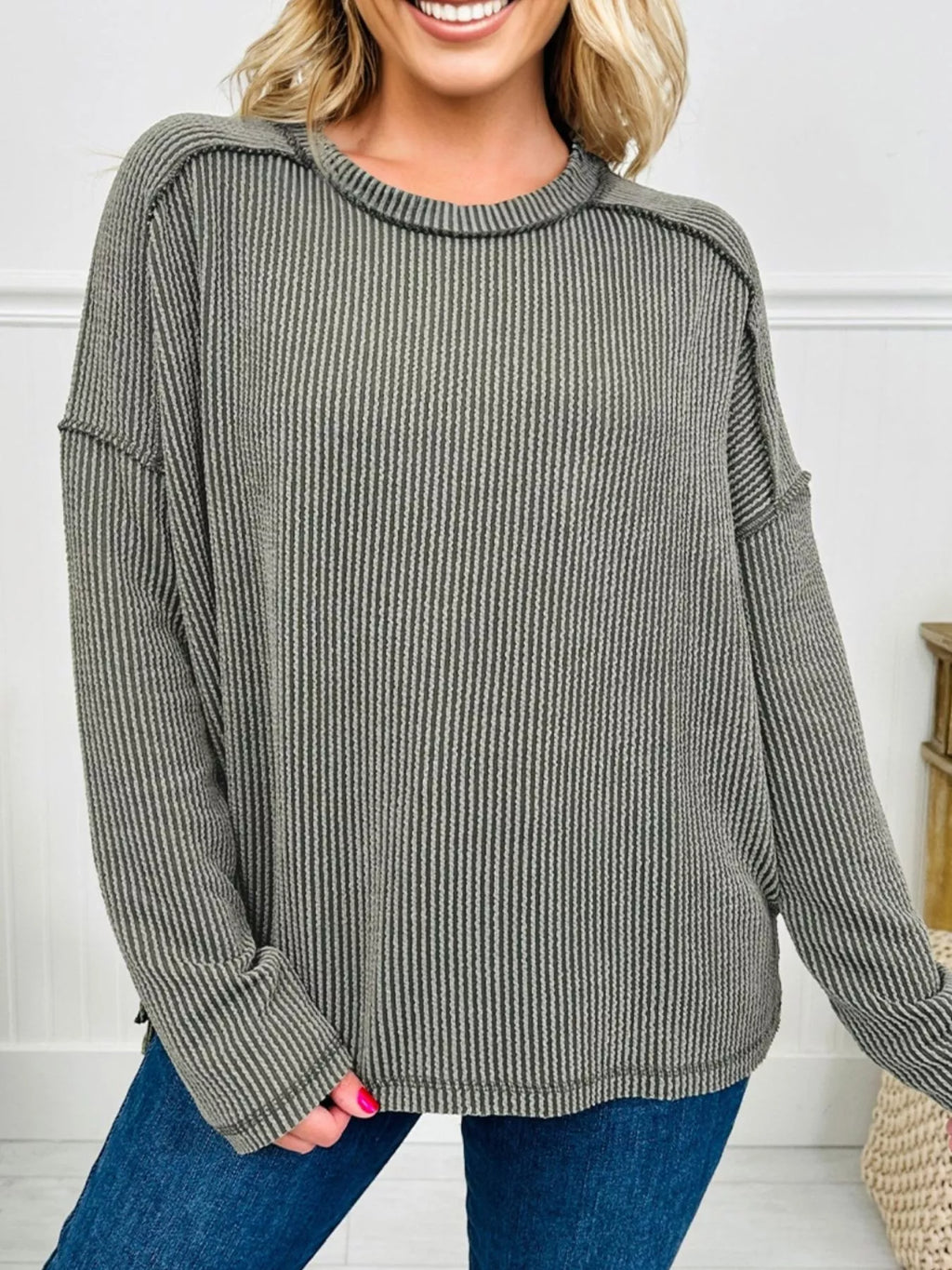 Twist Ribbed Exposed Seam Detail Long Sleeve Loose Top