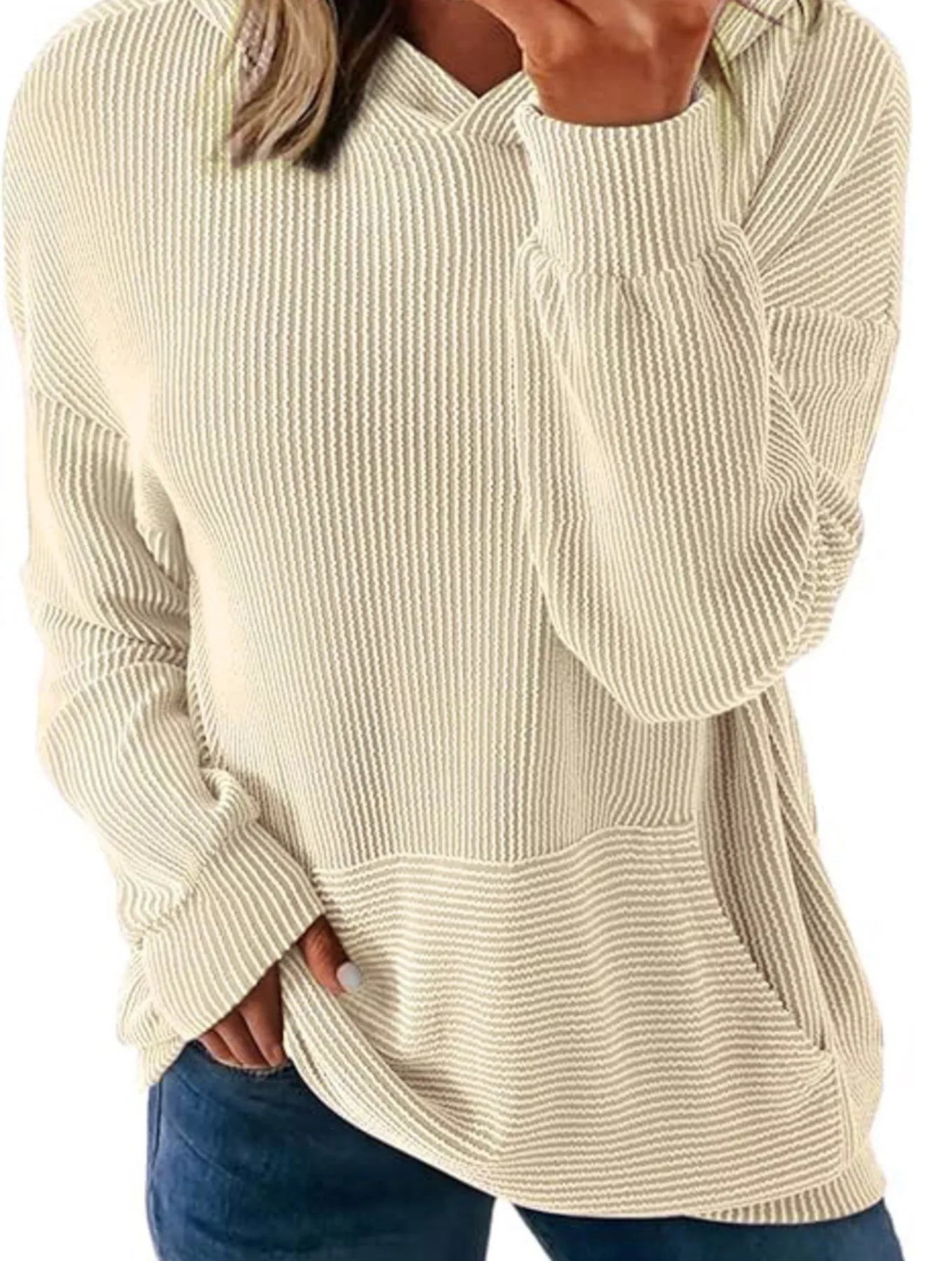 Ribbed Oversized Hoodie Sweatshirt with Pocket