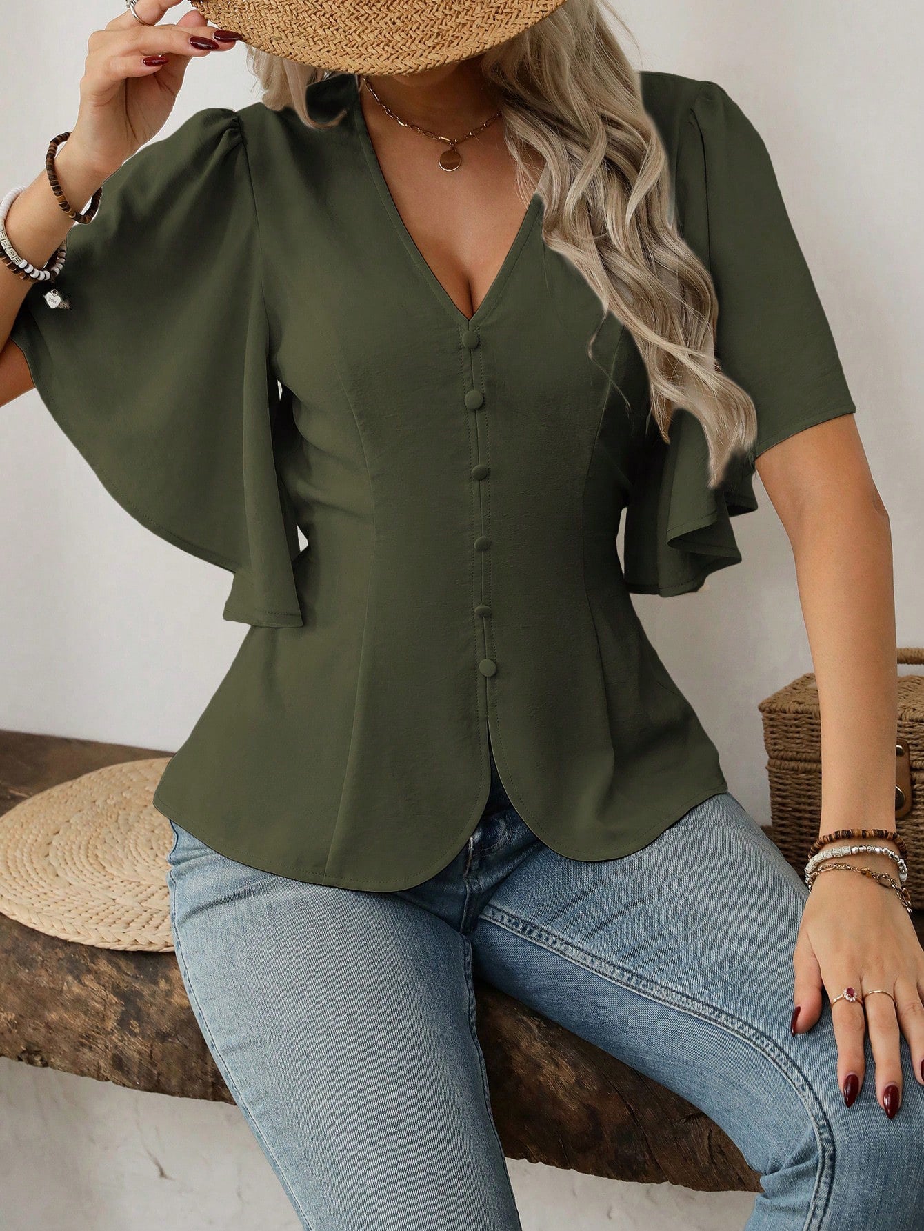 V-Neck Flutter Sleeve Blouse
