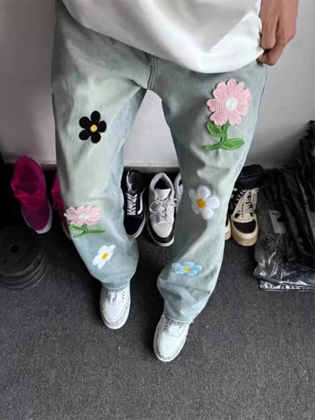 Men's Full Size Floral Wide Leg Jeans Plus Size