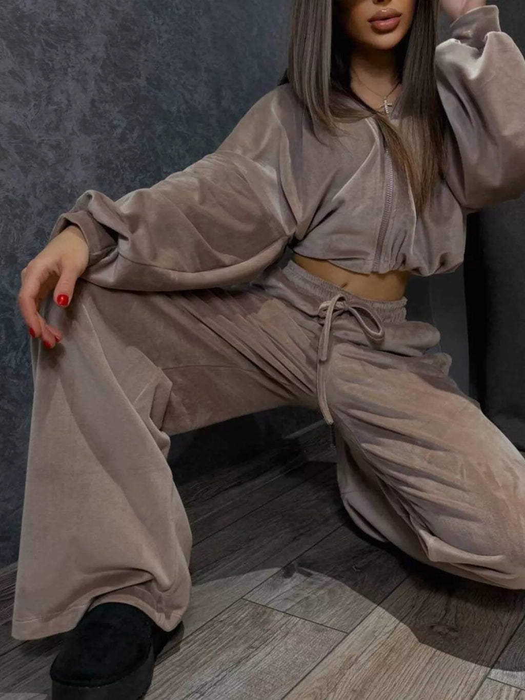 Zip Up Cropped Outerwear and Pants Set