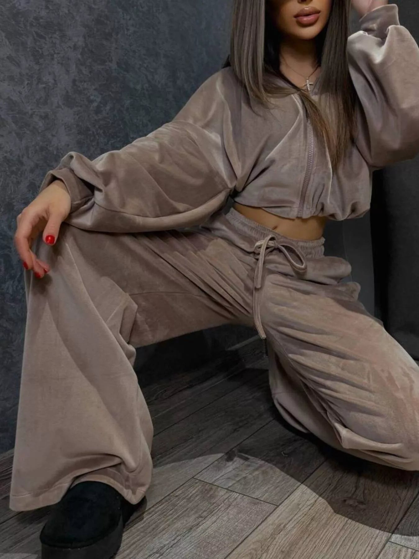 Zip Up Cropped Outerwear and Pants Set