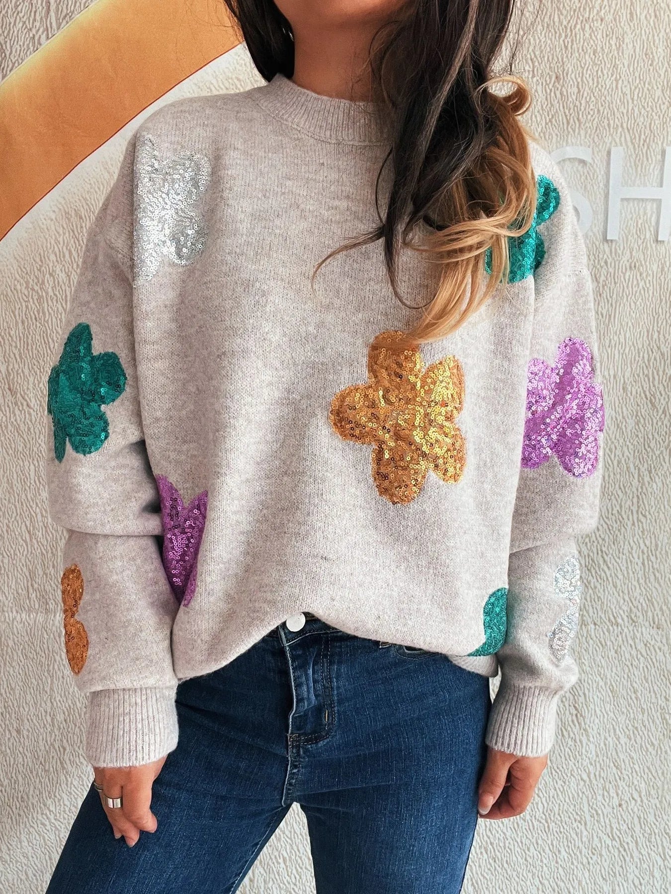 Sequin Flower Round Neck Long Sleeve Sweater