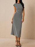 Striped Cap Sleeve Bodycon Midi Dress