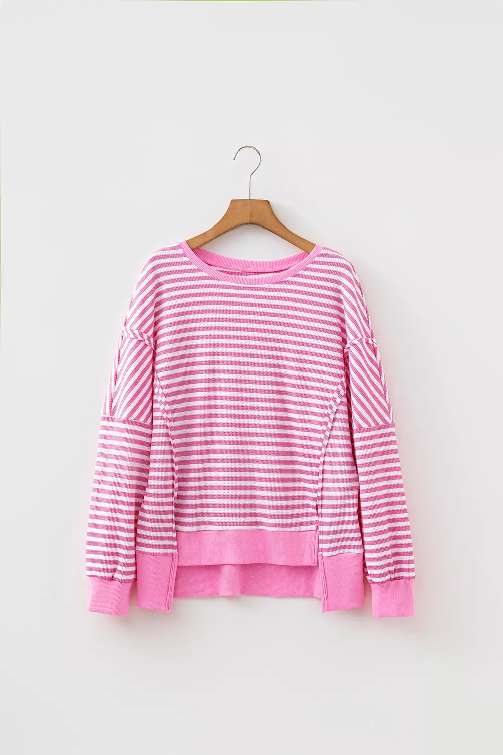 Stripe Textured Knit Color Block Trim Split Hem Long Sleeve Top