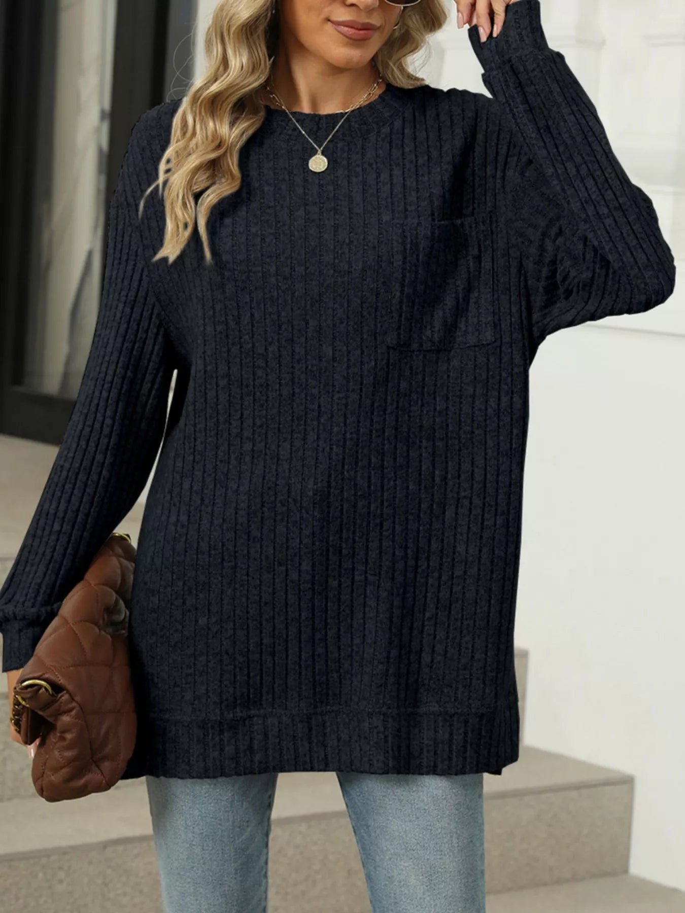 Ribbed Knit Round Neck Sweater