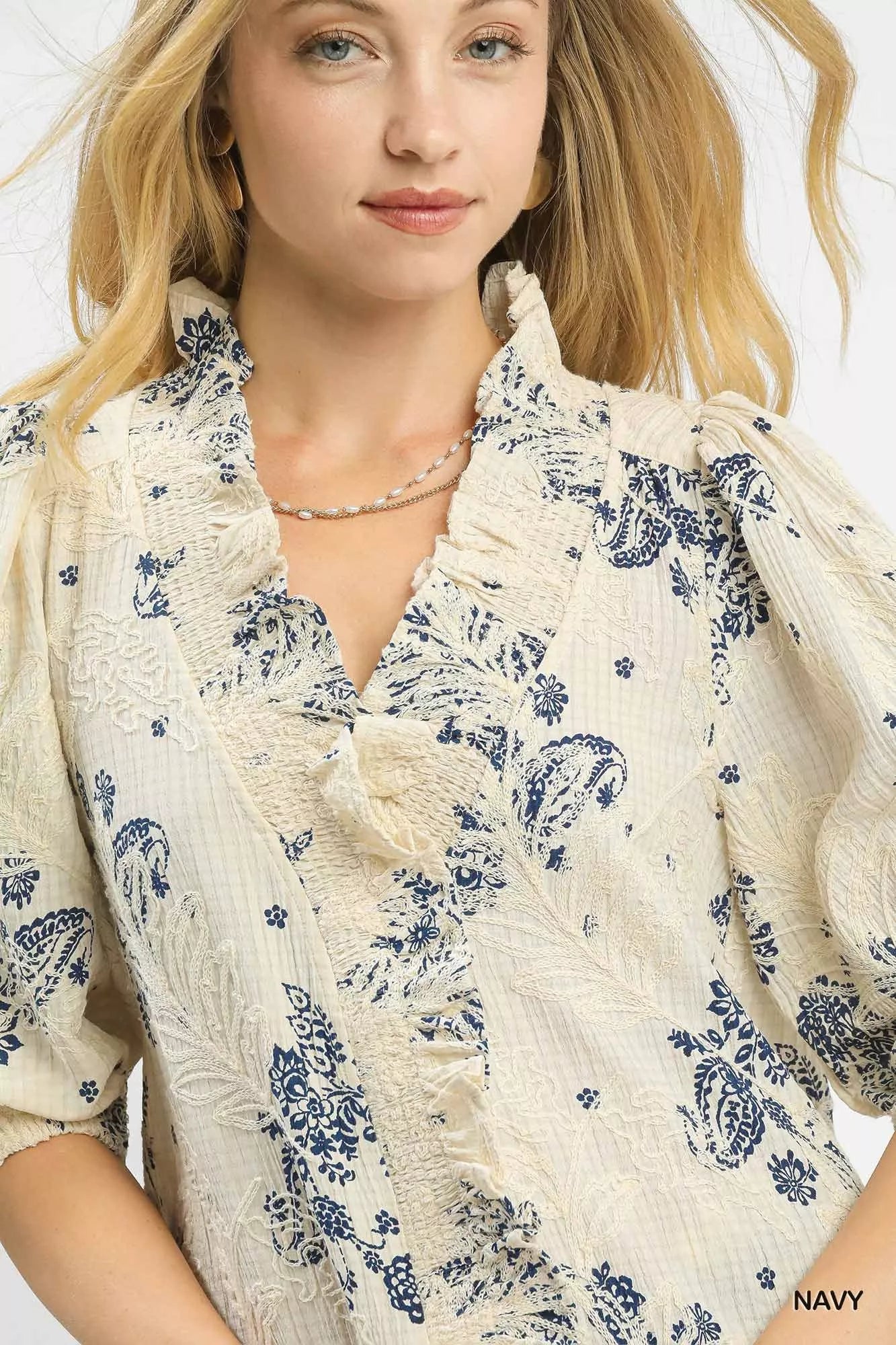 Umgee Floral Embroidered Blouse with Ruffle Trim