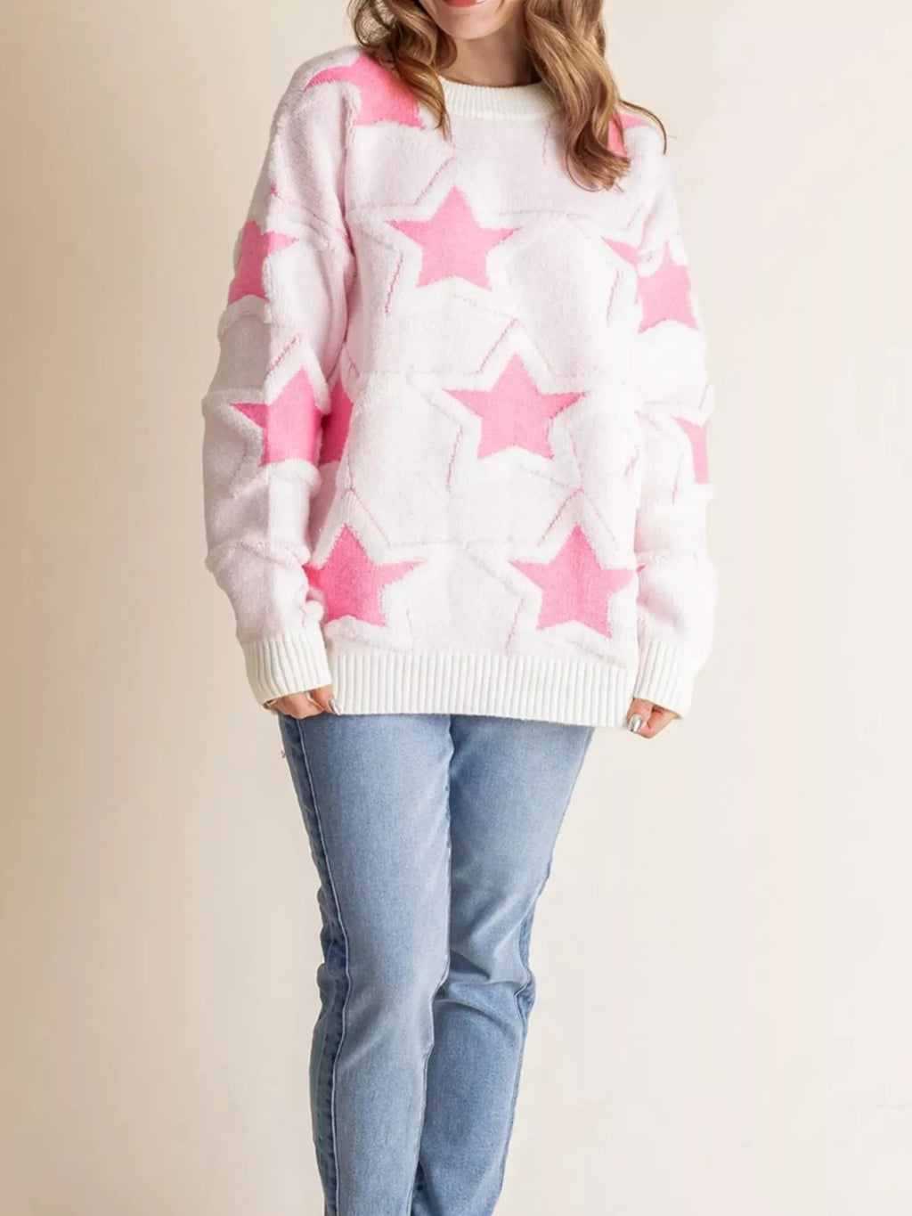 Oversized Star Pattern Ribbed Edge Drop Shoulder Sweater