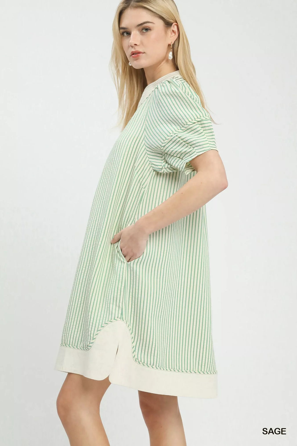 Umgee Pinstripe Shift Dress with Contrast Trim