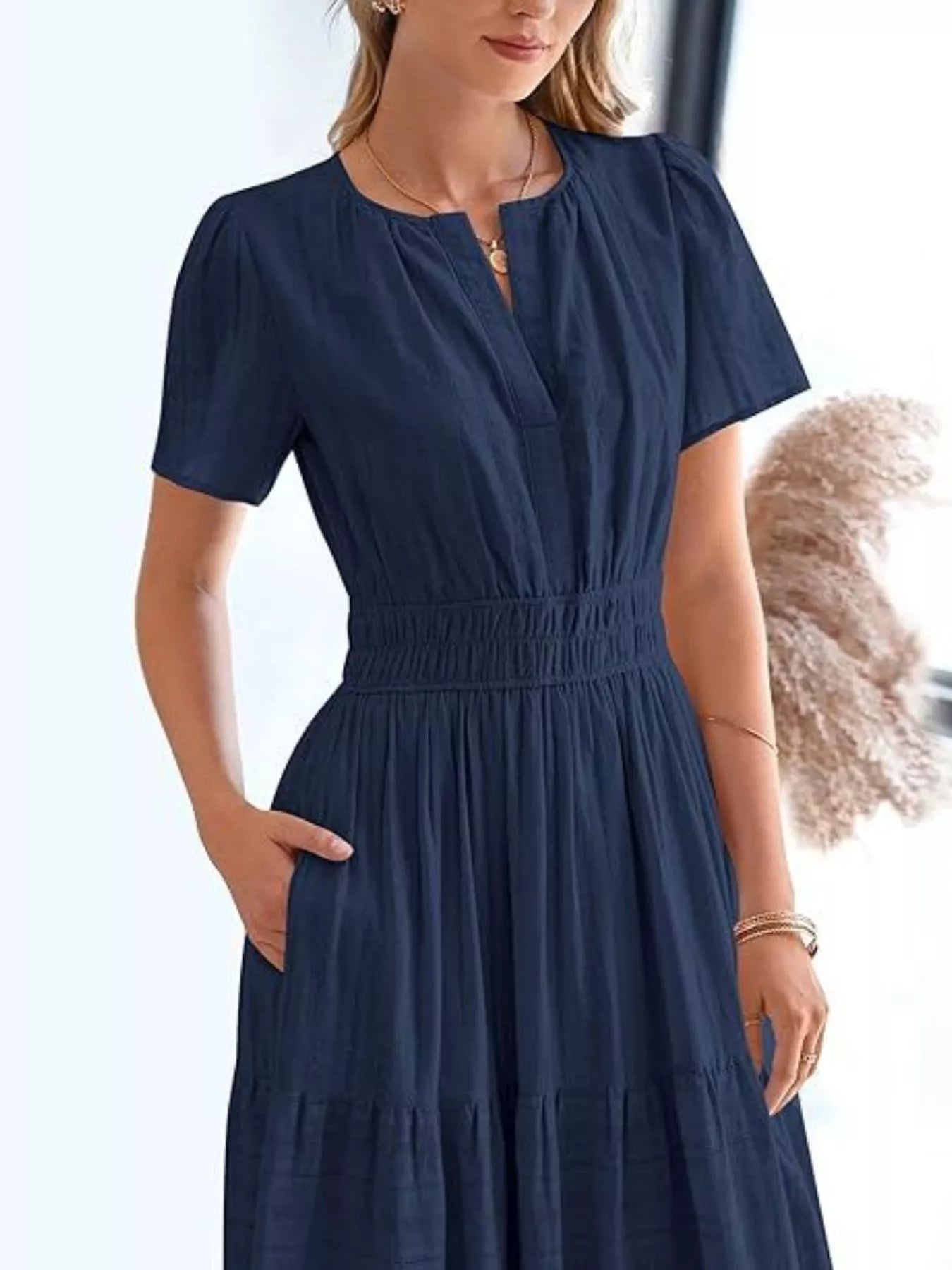 Full Size Short Sleeve Tiered Midi Dress Plus Size