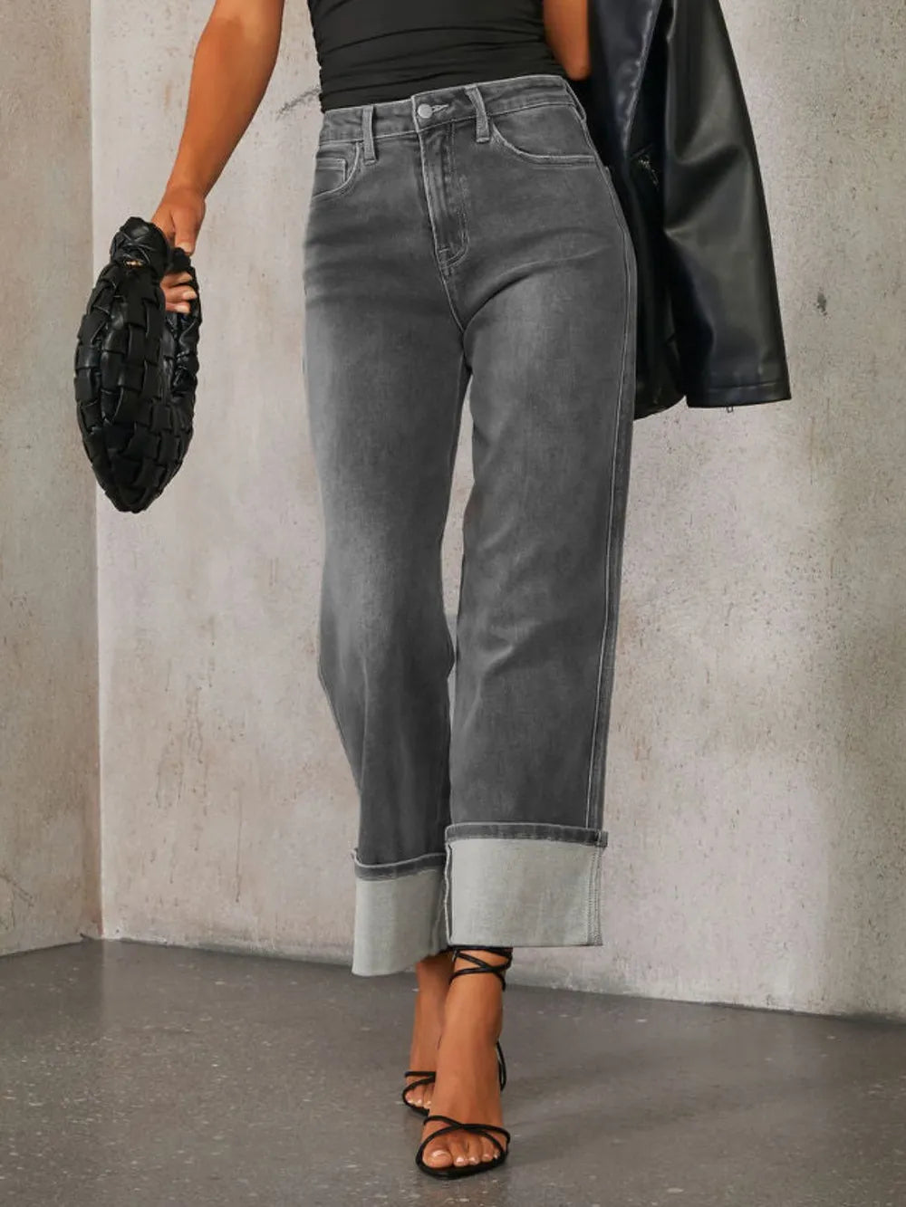 High Waisted Straight Leg Rolled Jeans