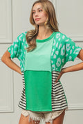 BiBi Leopard and Stripe Color Block Top With Exposed Seam