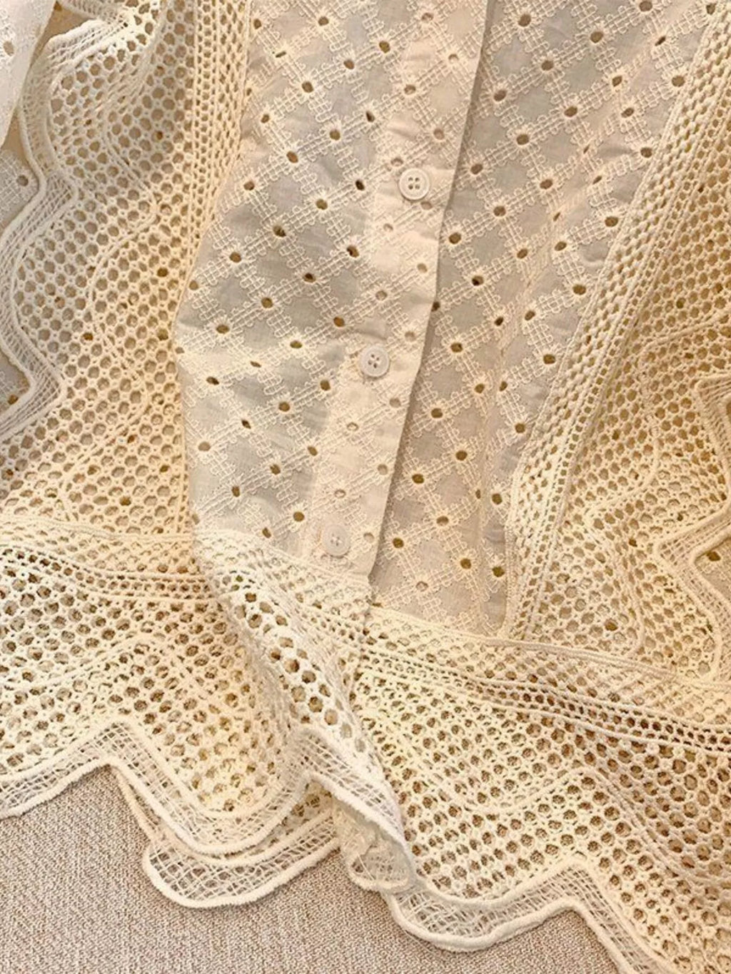 Eyelet Button-Up Shirt with Scalloped Hem