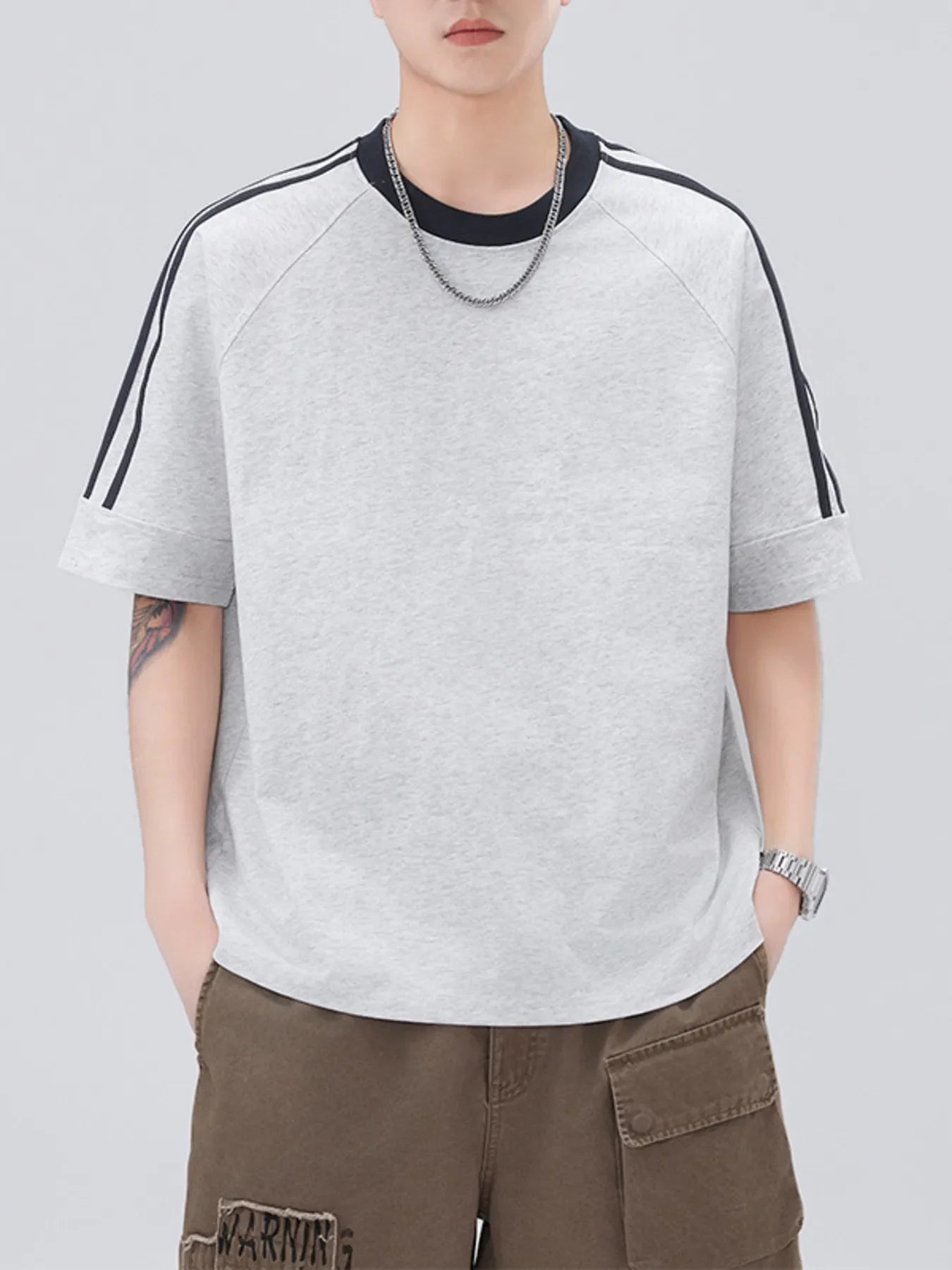 Men's Plus Size Striped Trim Casual T-Shirt