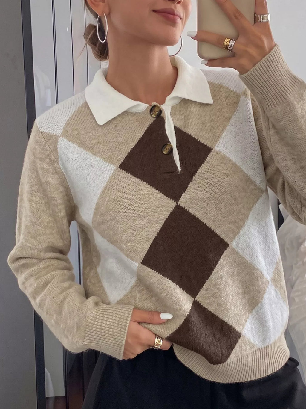 Argyle Patterned Polo Collar Sweater