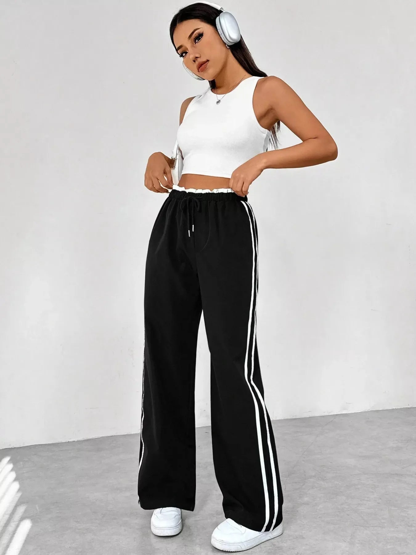Striped Drawstring Waist Wide Leg Pants