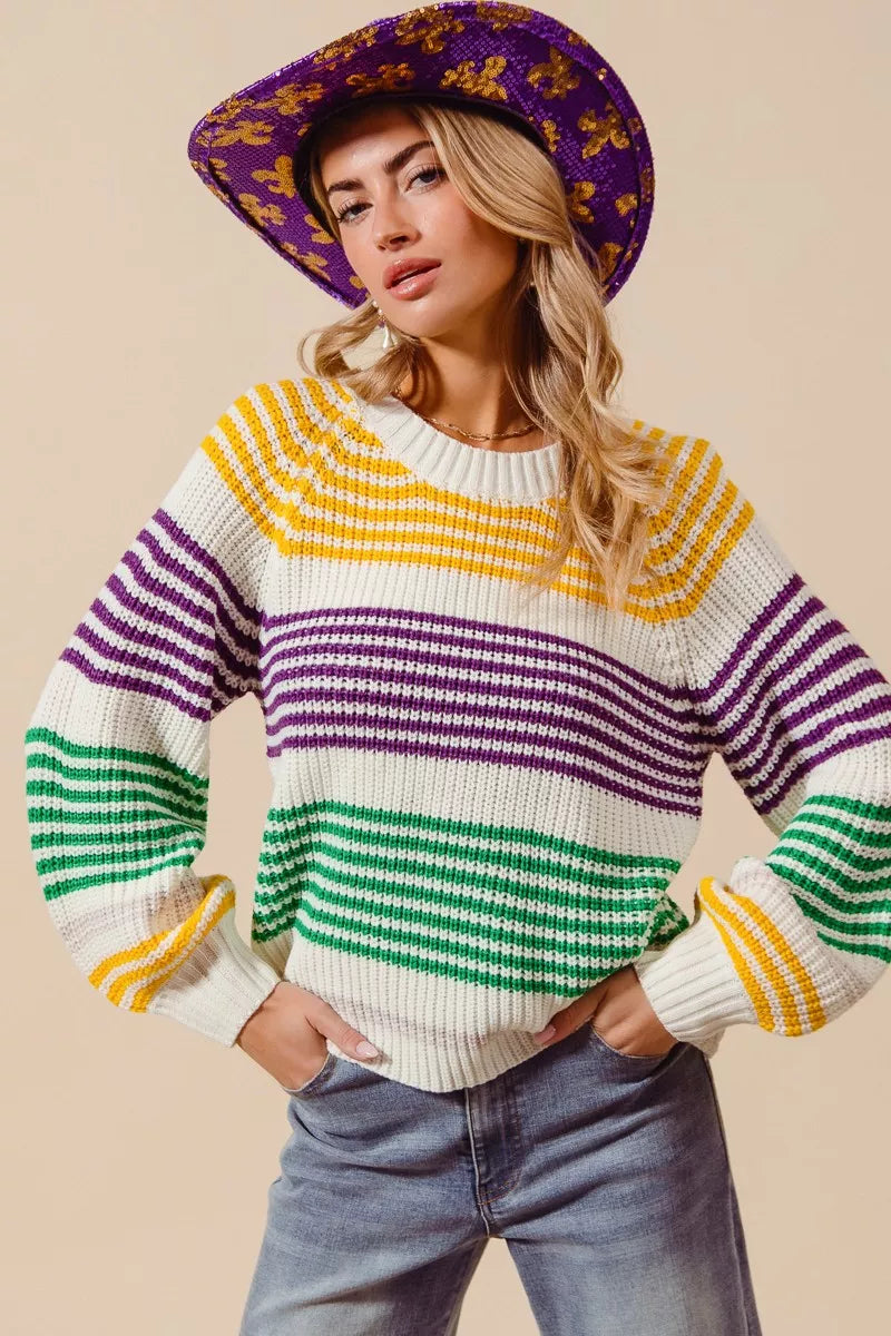 SO ME Mardi Gras Color Striped Raglan Sweater Top