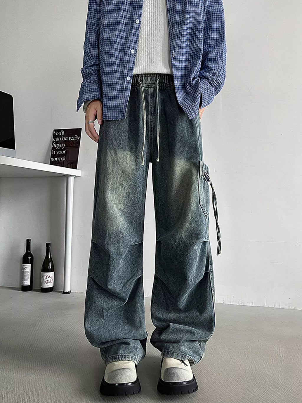 Men's Plus Size Loose Fit Cargo Jeans with Drawstring