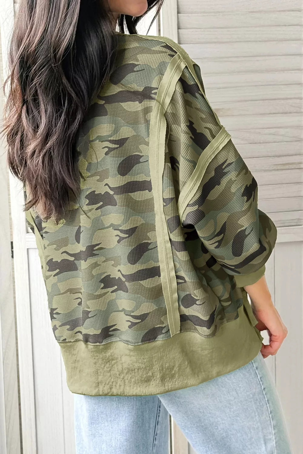 Camouflage Waffle Knit Raw Edge Contrast Trim Oversized Long Sleeve Top