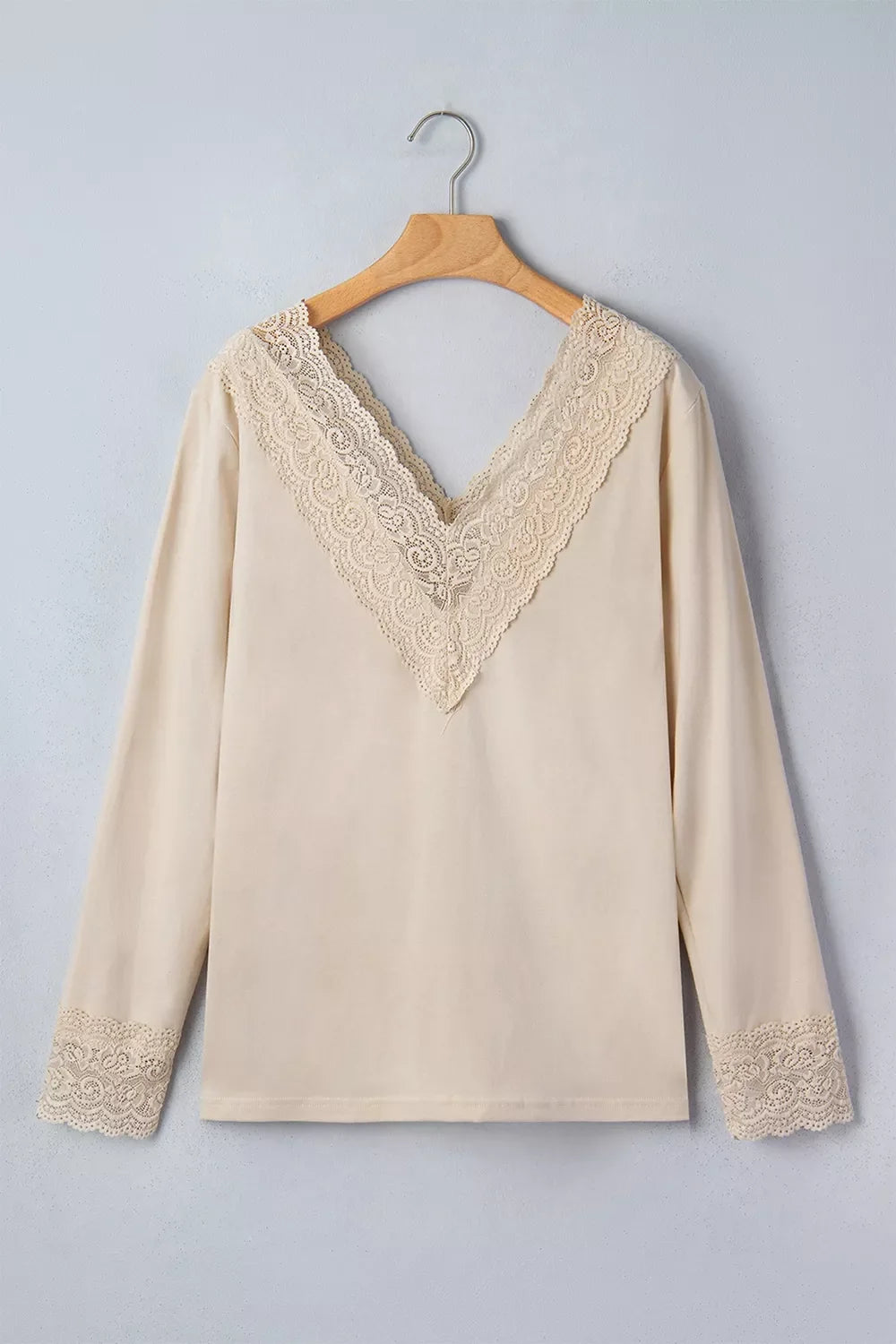 Lace Trim V Neck Long Sleeve Patchwork Pullover Top