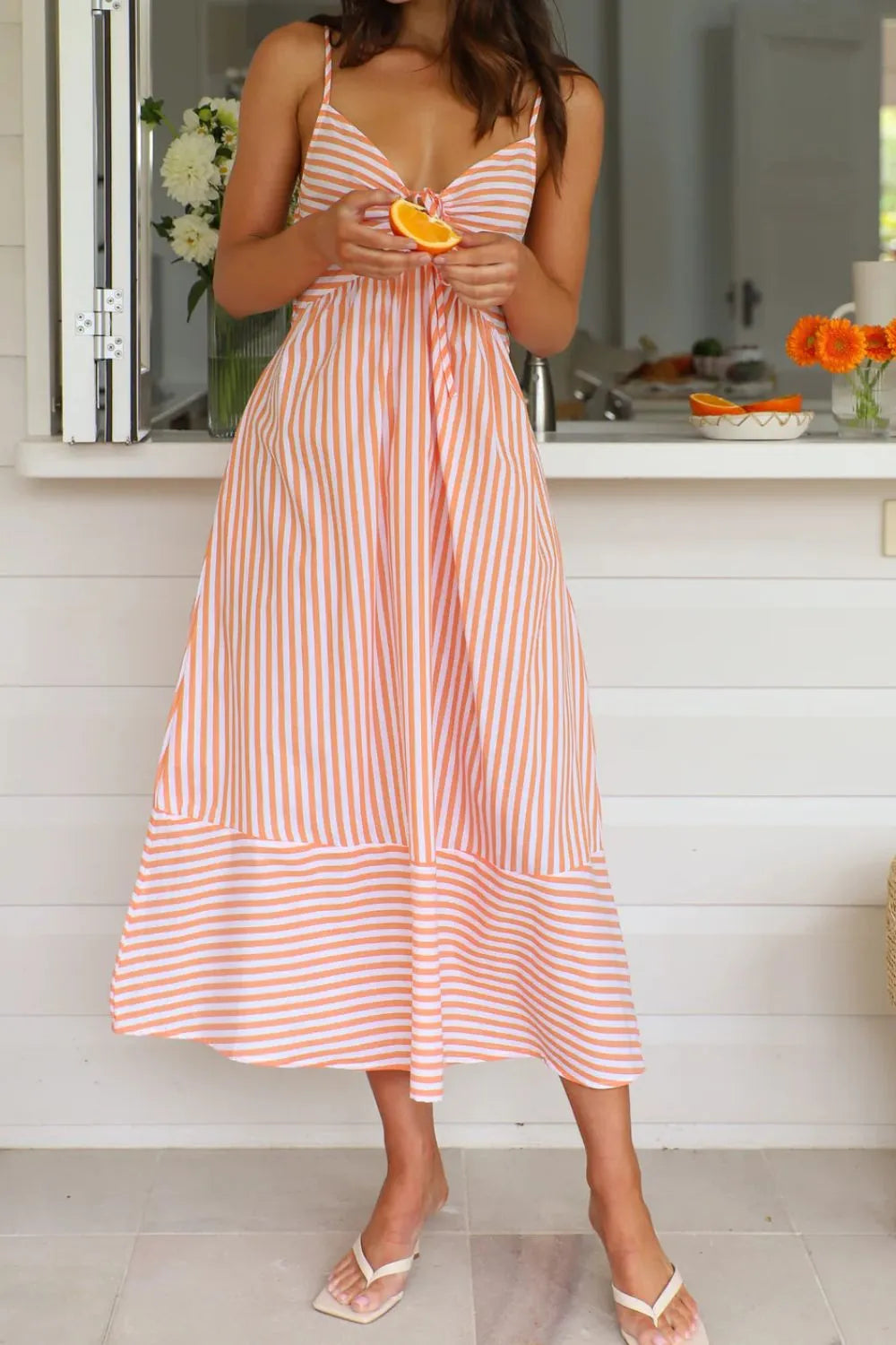 Smocked Back Striped Sleeveless Midi Dress