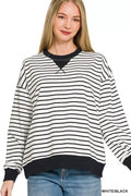 Zenana Contrast Striped Round Neck Sweatshirt