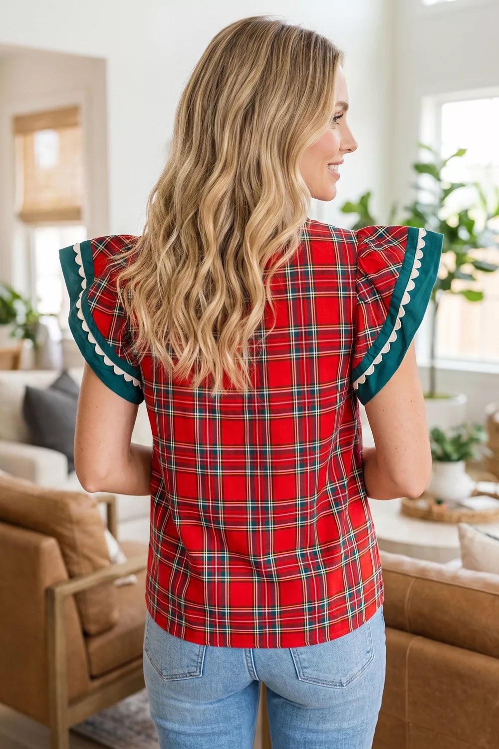 Plaid V Neck Short Sleeve Shift Blouse