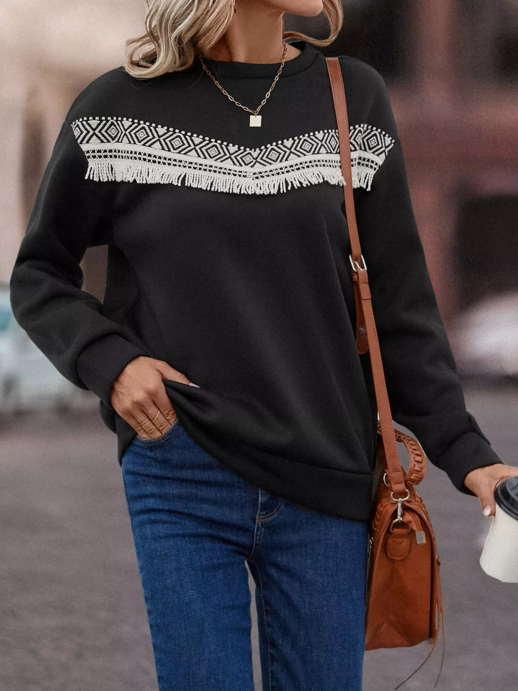 Fringe Trim Crew Neck Sweatshirt