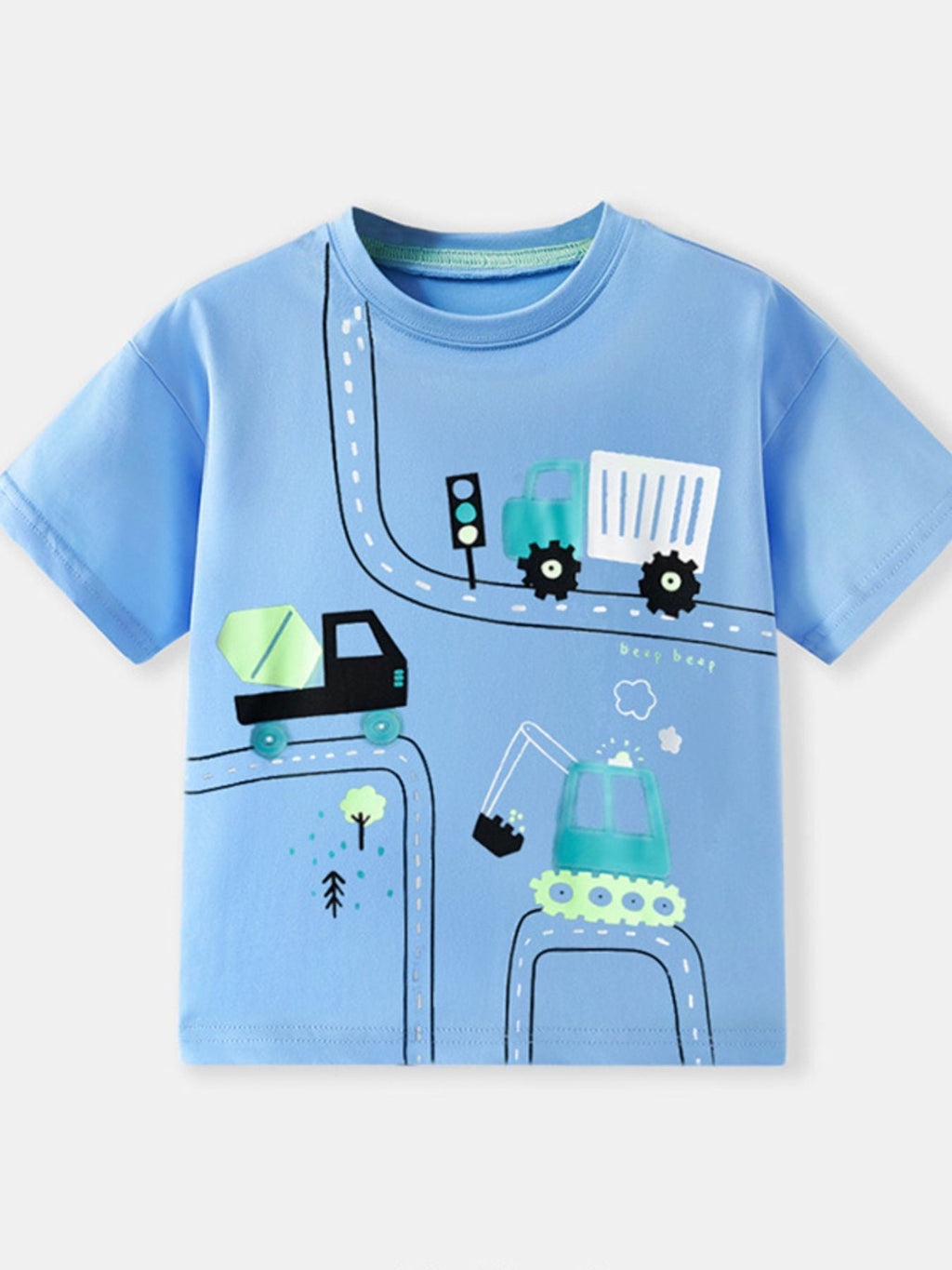 Children's Cartoon Construction Vehicle Print Short Sleeve T-Shirt