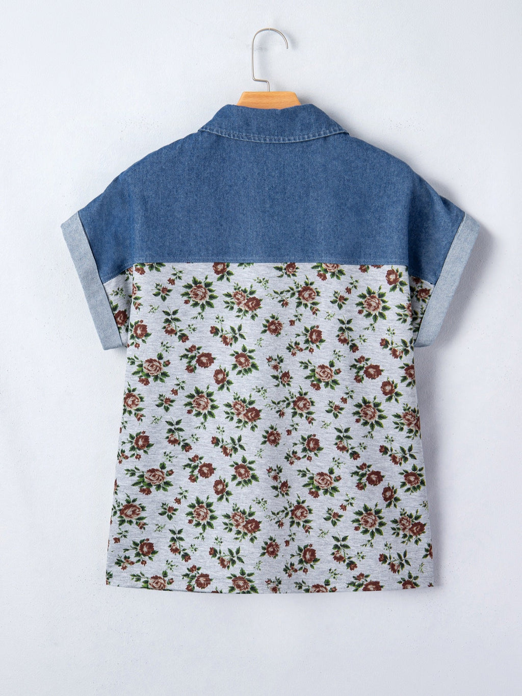 Floral Print Denim Patchwork Blouse