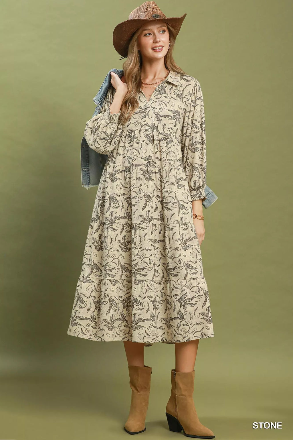 Umgee Linen Botanical Print Tiered Midi Dress