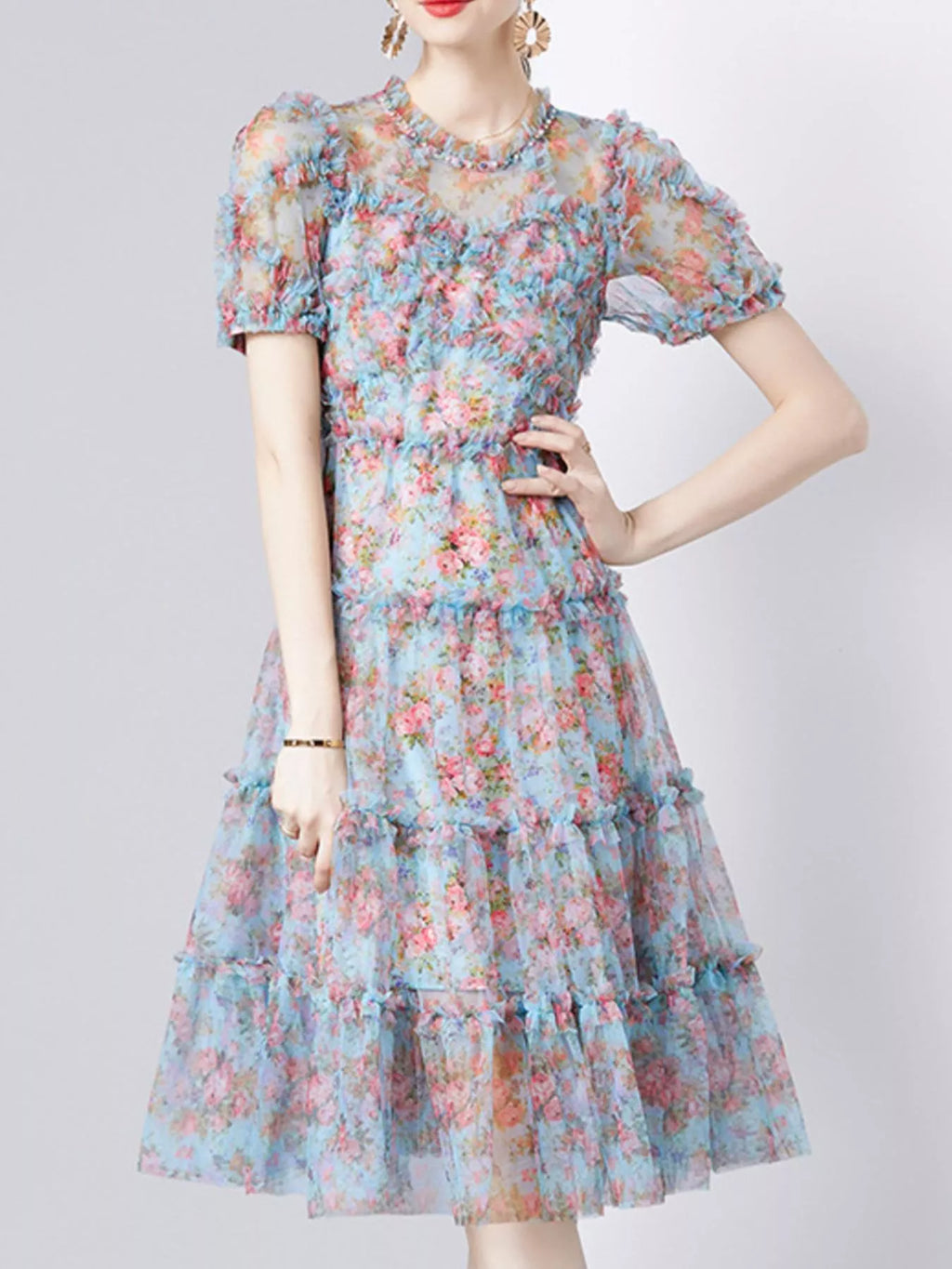 Frill Floral Print Short Sleeve Dress