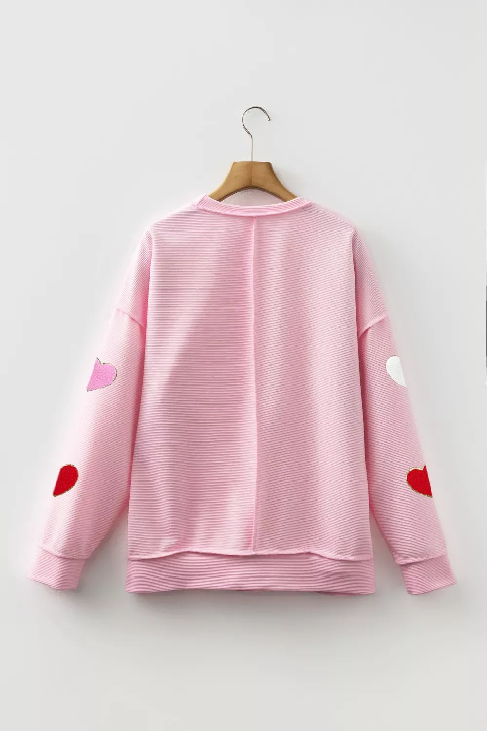 Ribbed Texture Chenille Heart Glitter Trim Patched Long Sleeve Top