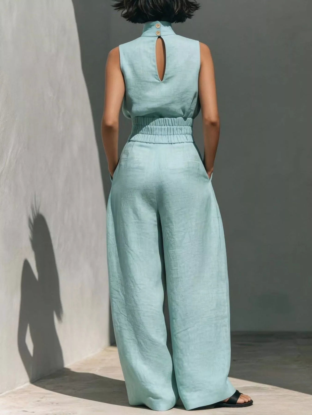 Turtleneck Sleeveless Top and Wide-Leg Pants Set