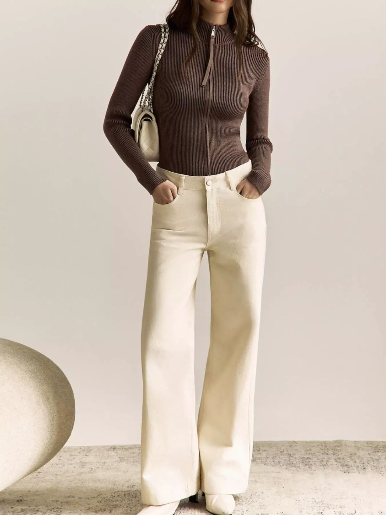 Ribbed Knit Zip-Up Cardigan